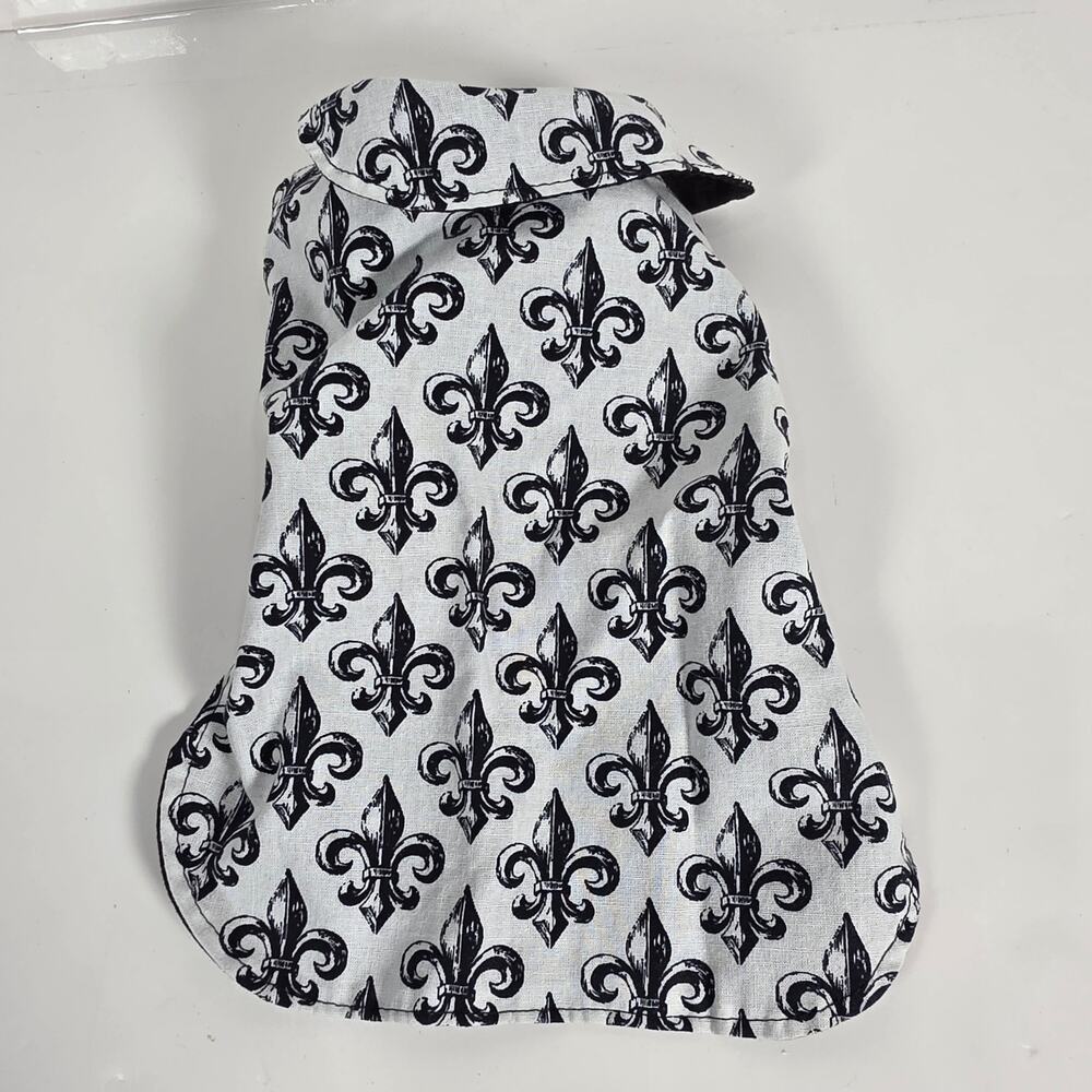 Dog Vest/Jacket White Cotten Fabric Black Fleu De Lis Print Size S/M EUC
